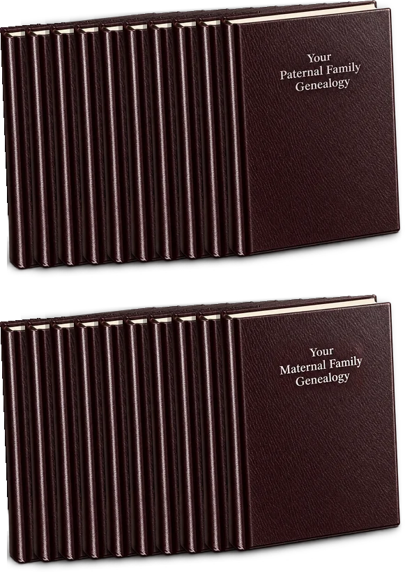 Twenty hardcover copies of The Heritage Collection in two rows of ten: the paternal book above, the maternal book below