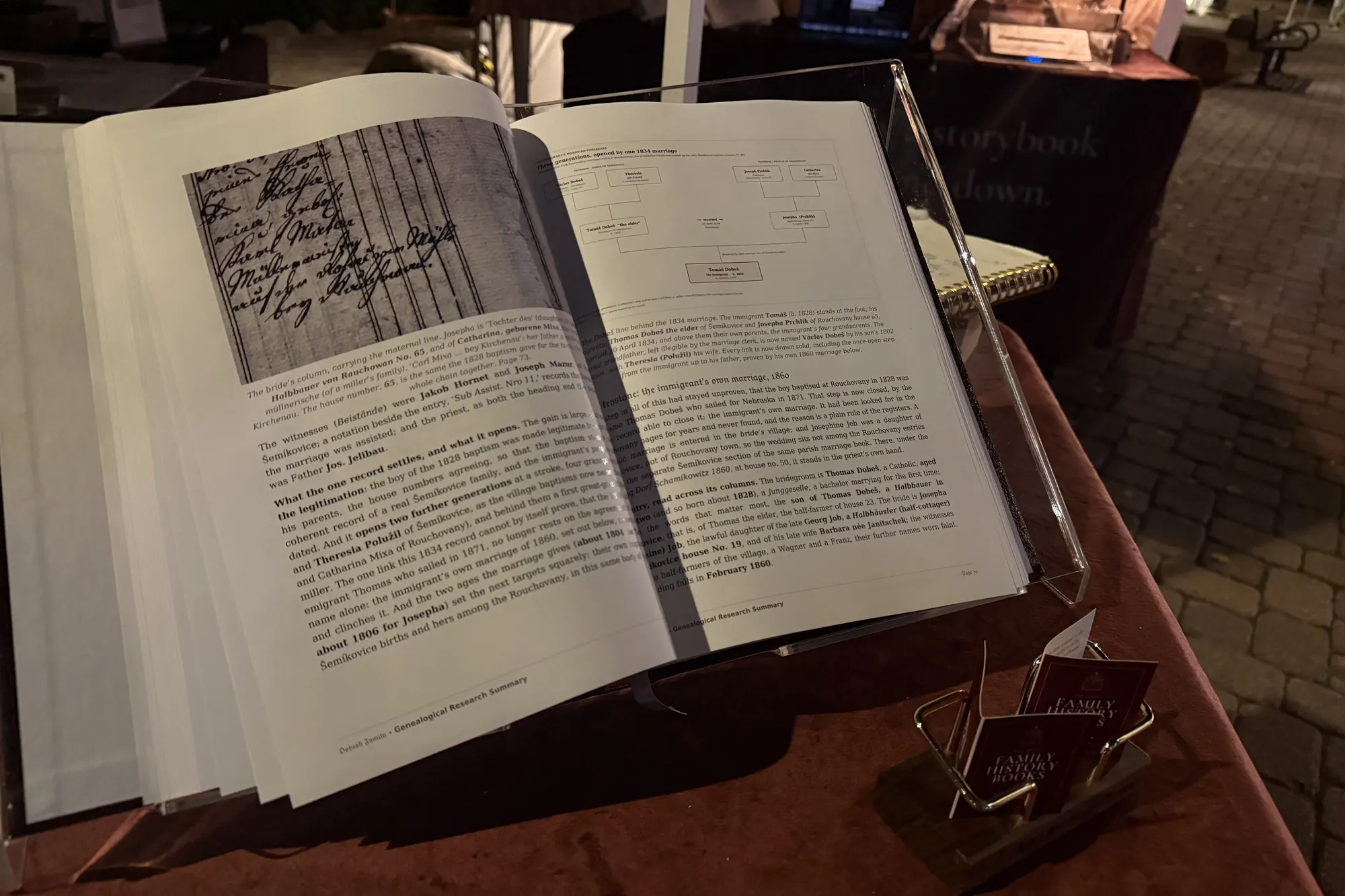 The actual Dobesh family book open on its stand at Vail