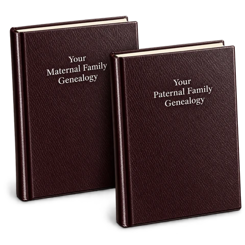 Two closed leather-bound volumes titled Your Maternal Family Genealogy and Your Paternal Family Genealogy